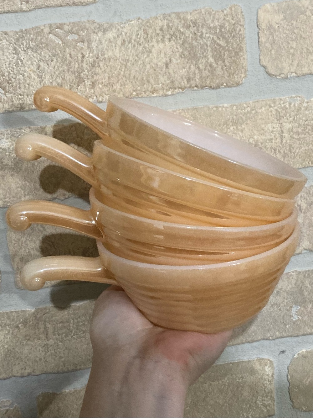 Fire King Peach-Glazed Ceramic Bowls with Handles - Set of 4